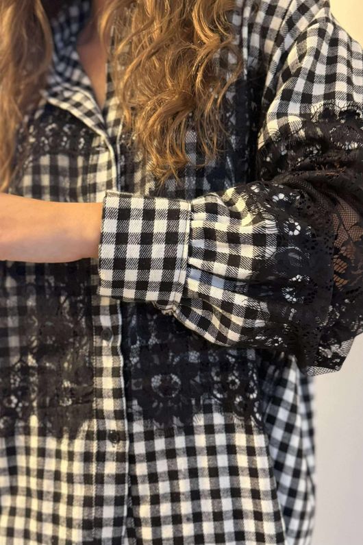 Zeta Otto Brushed Cotton Gingham Lace Shirt Mono /7=